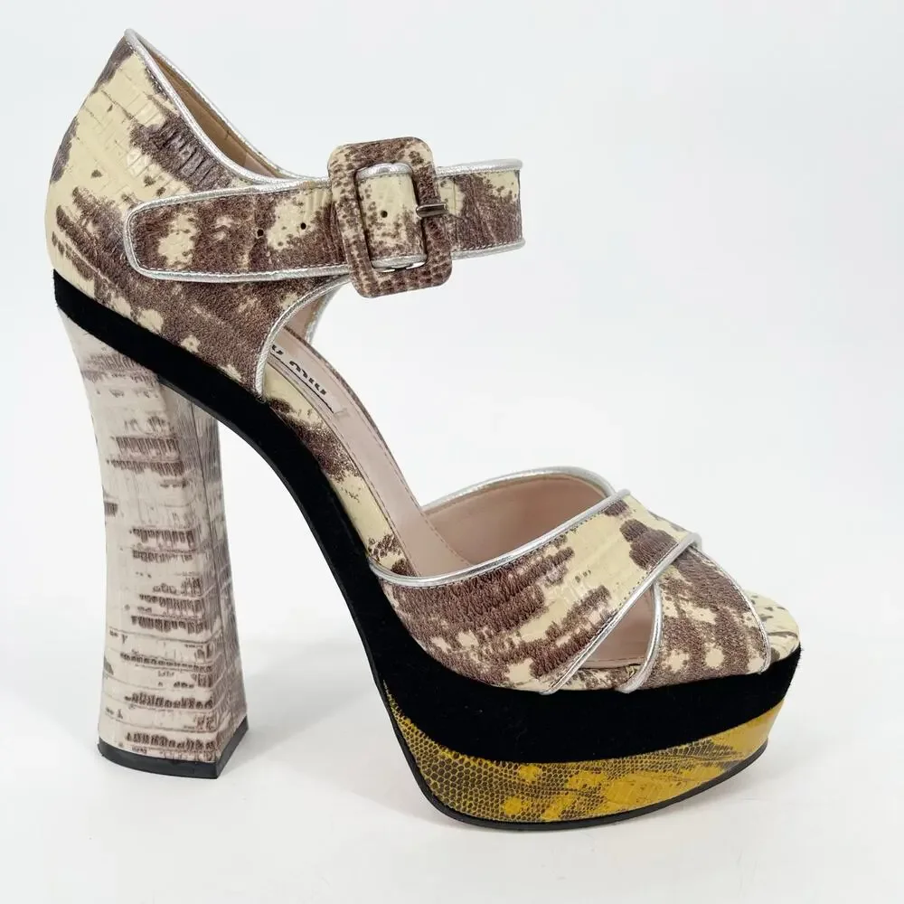 Miu Miu Beige Black Gold Teju Lizard Embossed Platform Sandals Heels IT 39.5